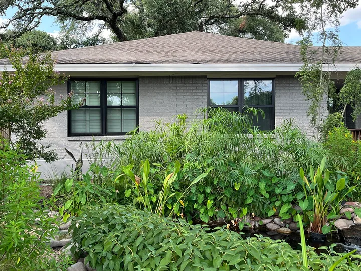 Dark-framed replacement windows on a landscaped Georgetown, Texas home